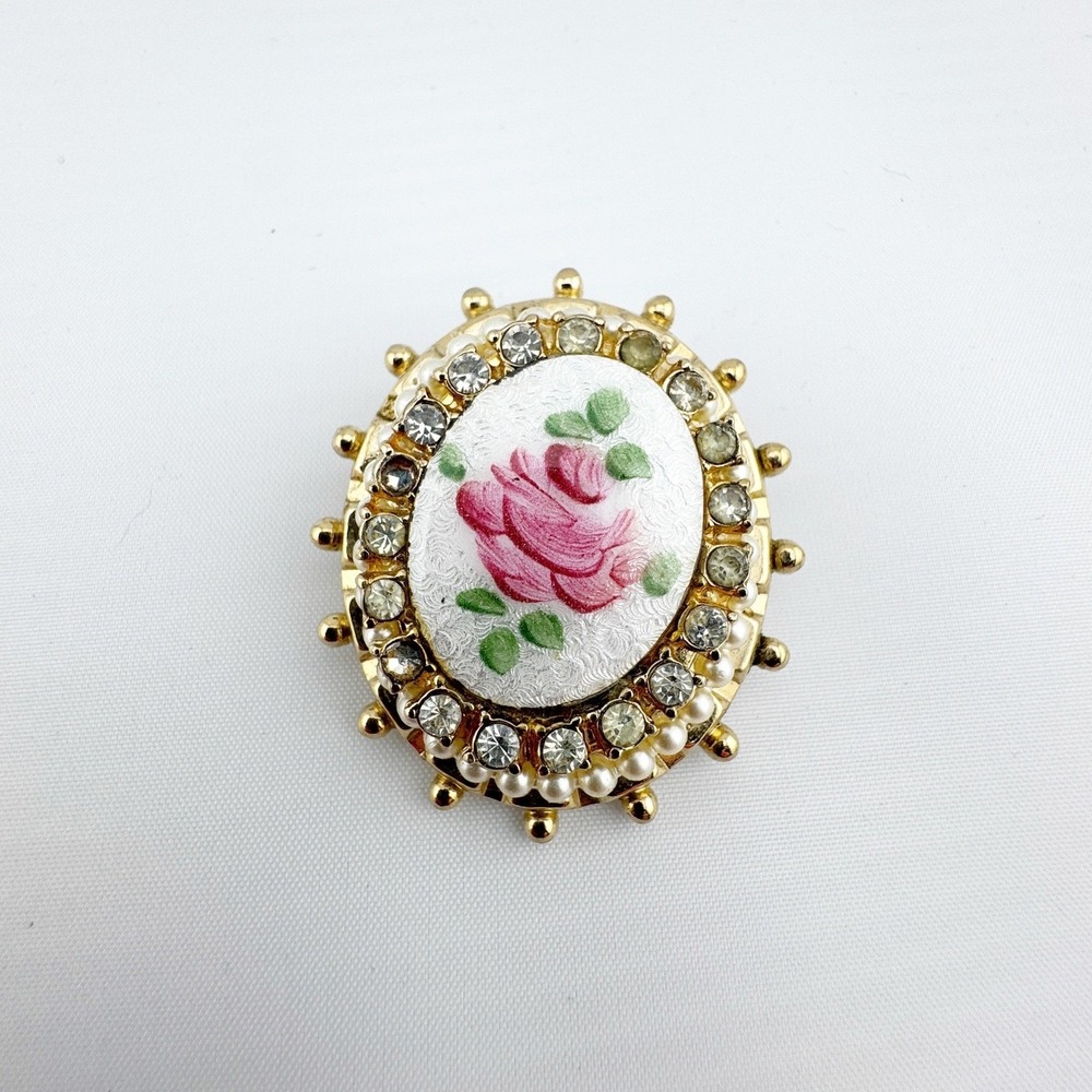 Vintage Coro Gold Tone Pink Rose‎ Enamel Rhinestone Faux Pearl Oval Brooch Pin